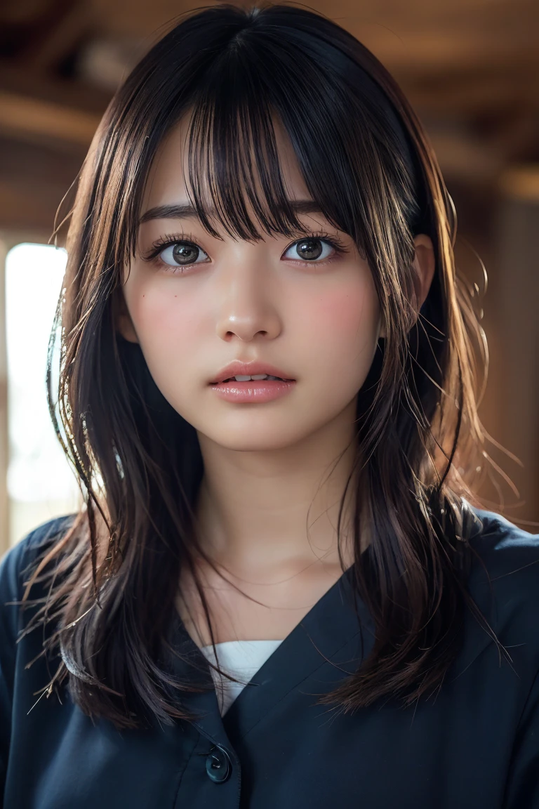 ((Upper Body:1.3)).Blown by the long wind [Blue-black:.3] hair,Looking at the audience, (Tabletop:1.3), (8k, Realistic, RAW Photos, Highest quality: 1.4), Japanese, (1 girl), Beautiful Face, (Realistic face),{Wavy medium hair|Front hair long bob|short hair with long bangs}{Black hair|Brown hair|Blonde hair}, Beautiful hairstyle, Realistic eyes, Beautiful and beautiful eyes, (Realistic skin), Beautiful Skin, charm, Ultra-high resolution, Surreal, Very detailed, Golden Ratio,shame(blush:1.3)