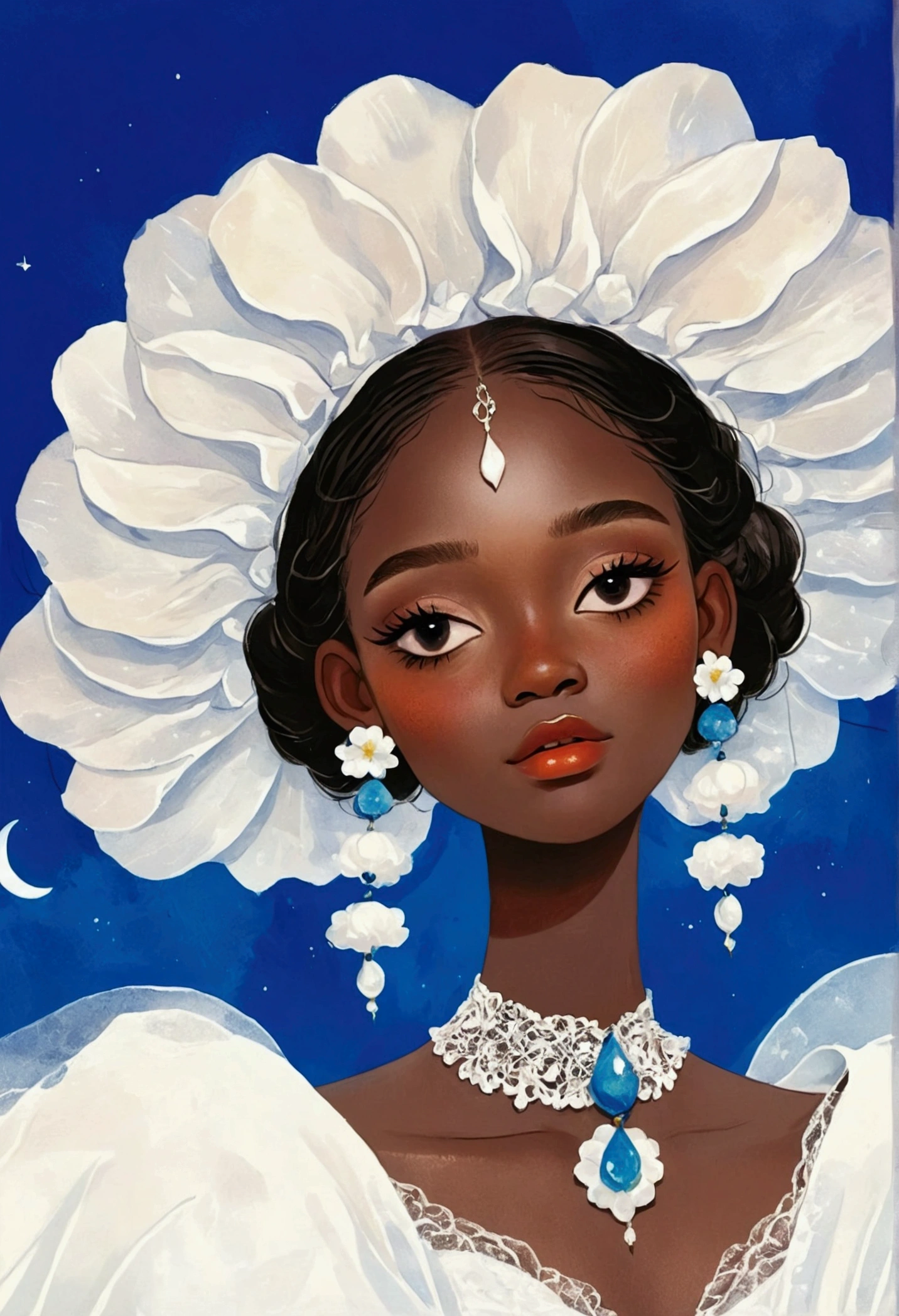 illustration:1 Girl,Dark Skin,Flower Earrings,White exaggerated dress,Exaggerated sleeves,Fluffy white yarn,1 crescent on top,Blue Background