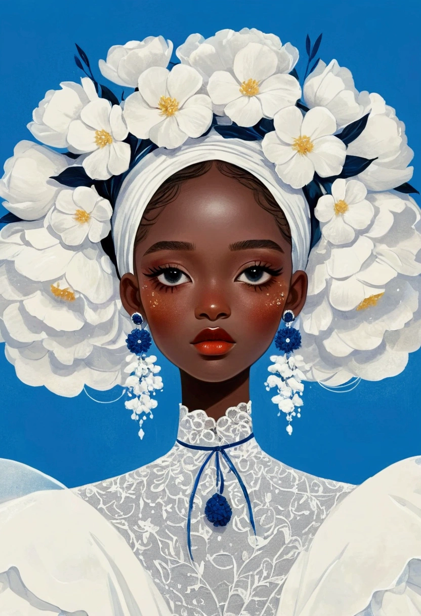 illustration：1 Girl，Dark Skin，Flower Earrings，White exaggerated dress，Exaggerated sleeves，Fluffy white yarn，1 crescent on top，Blue Background
