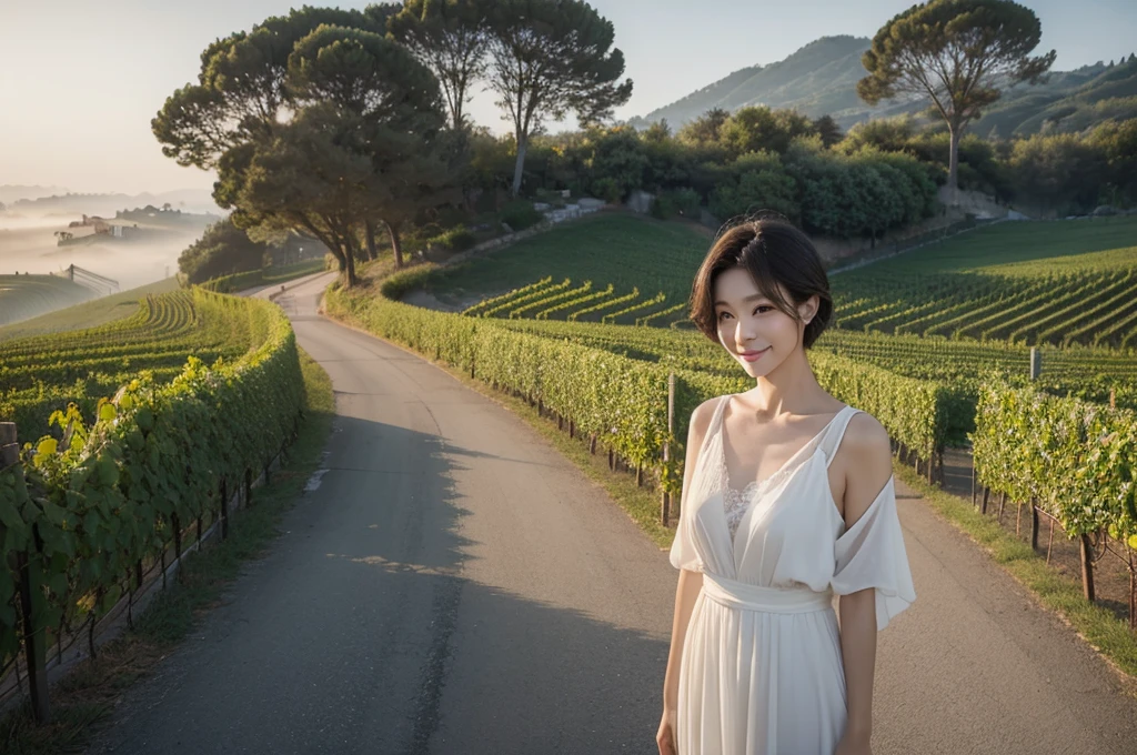 travel to italy, italian countryside dawn, foggy vineyard, Endless vineyards, 안개낀 standing on a path on a high hill. A cathedral can be seen far away in the fog.. The morning sun comes brightly. ((korean mature, 55 years old)), alone, Inspired by Yoo Ji-in. ((wrinkles appear on the face)), Elegant and modest appearance, short medium bob hair, Smile,women's windbreaker, casual pants, 1 woman, 1 woman, A cathedral can be seen far away in the fog.. Full body shot with Canon camera 16-35 wide angle lens, standing on a path on a high hill. 1 woman, 1 woman, vineyard in thick fog, 1 woman, look up, 1 woman