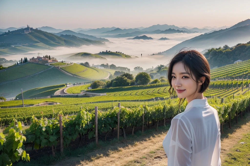 travel to italy, italian countryside dawn, foggy vineyard, Endless vineyards, 안개낀 standing on a path on a high hill. A cathedral can be seen far away in the fog.. The morning sun comes brightly. ((korean mature, 55 years old)), alone, Inspired by Yoo Ji-in. ((wrinkles appear on the face)), Elegant and modest appearance, short medium bob hair, Smile,women's windbreaker, casual pants, 1 woman, 1 woman, A cathedral can be seen far away in the fog.. Full body shot with Canon camera 16-35 wide angle lens, standing on a path on a high hill. 1 woman, 1 woman, vineyard in thick fog, 1 woman, look up, 1 woman