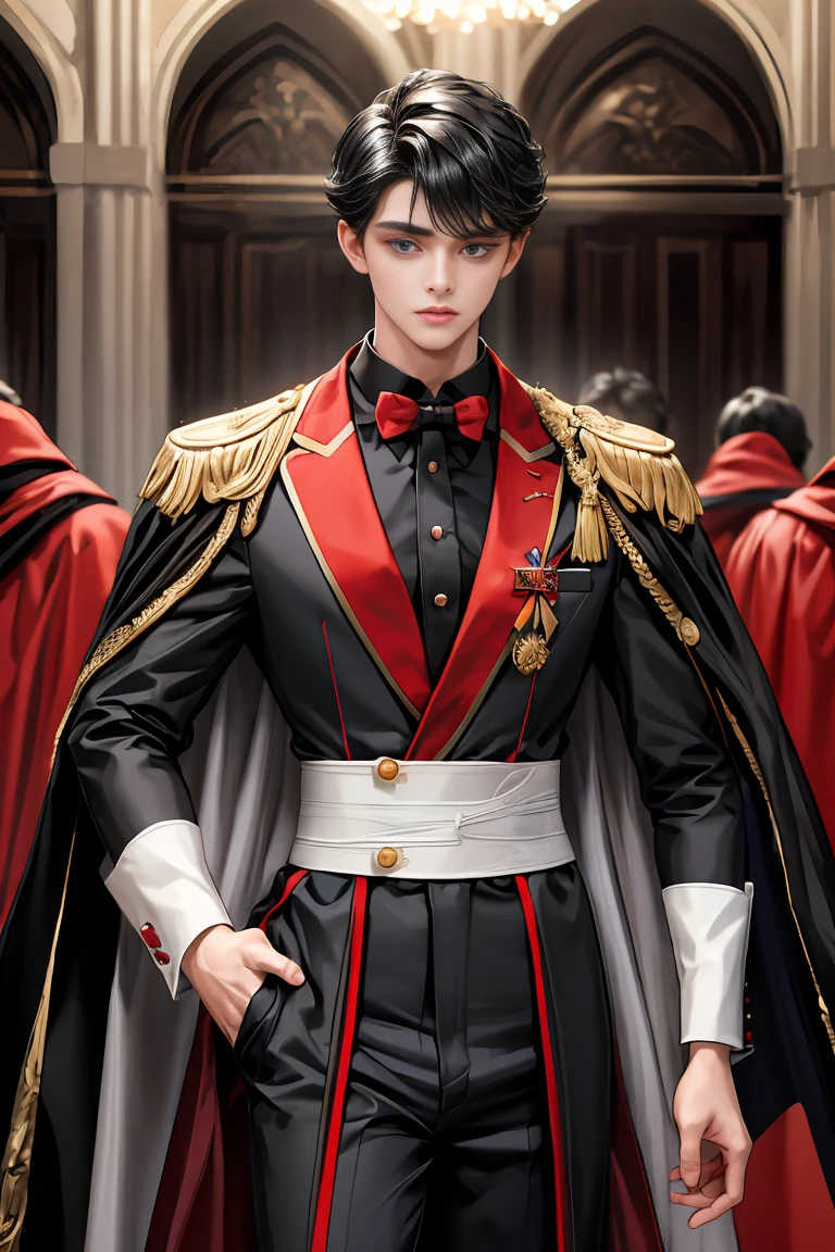
masterpiece, 最high quality, high quality, 1 boy, alone, Male focus, Watching the audience,  Messy black hair, Adorable big blue eyes, White, Noble, Noble,A black and red cape that is bursting with sexy volume、Tuxedo、A very voluminous, large, very large, very large, long, long red and black cape with a high stand-up collar, made of a lot of fabric that reaches down to the floor., 17 years old,Cute beautiful boys,Cute, cute, kind, handsome guy
