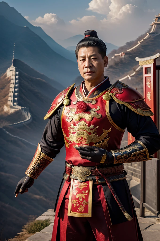 Xi Jinping, a figure of power and poise, wears intricate red and gold samurai armor that reflects the grandeur of the Chinese flag. His chest plate is engraved with his name in elegant Chinese characters, and a majestic dragon crest adorns his helmet, symbolizing strength and wisdom. He holds a long, elegant katana, its blade etched with ancient Chinese symbols of power. His stance is commanding, radiating authority and control. In the background, misty mountains and the Great Wall of China create a serene yet formidable landscape, with red lanterns softly glowing, symbolizing prosperity and longevity.