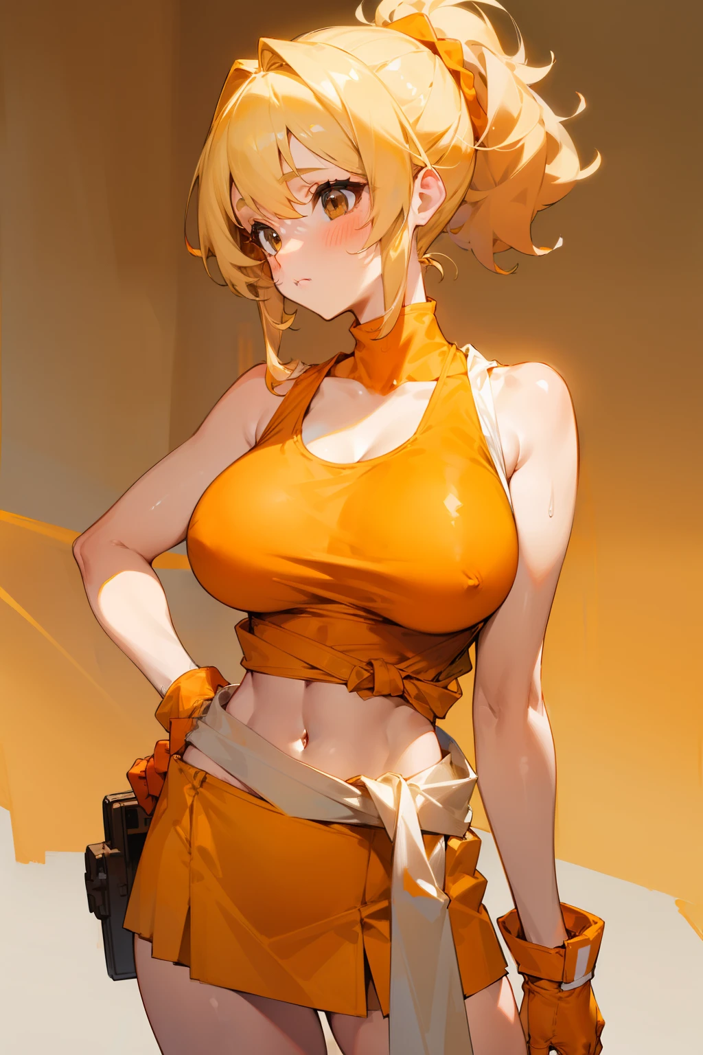 Cute girl, blonde hair, curly ponytail, brown eyes, orange tank top with white edges, yellow cloth wrapped around her waist, short orange skirt, white wrap wrapped around her hand, red gloves, big breasts,