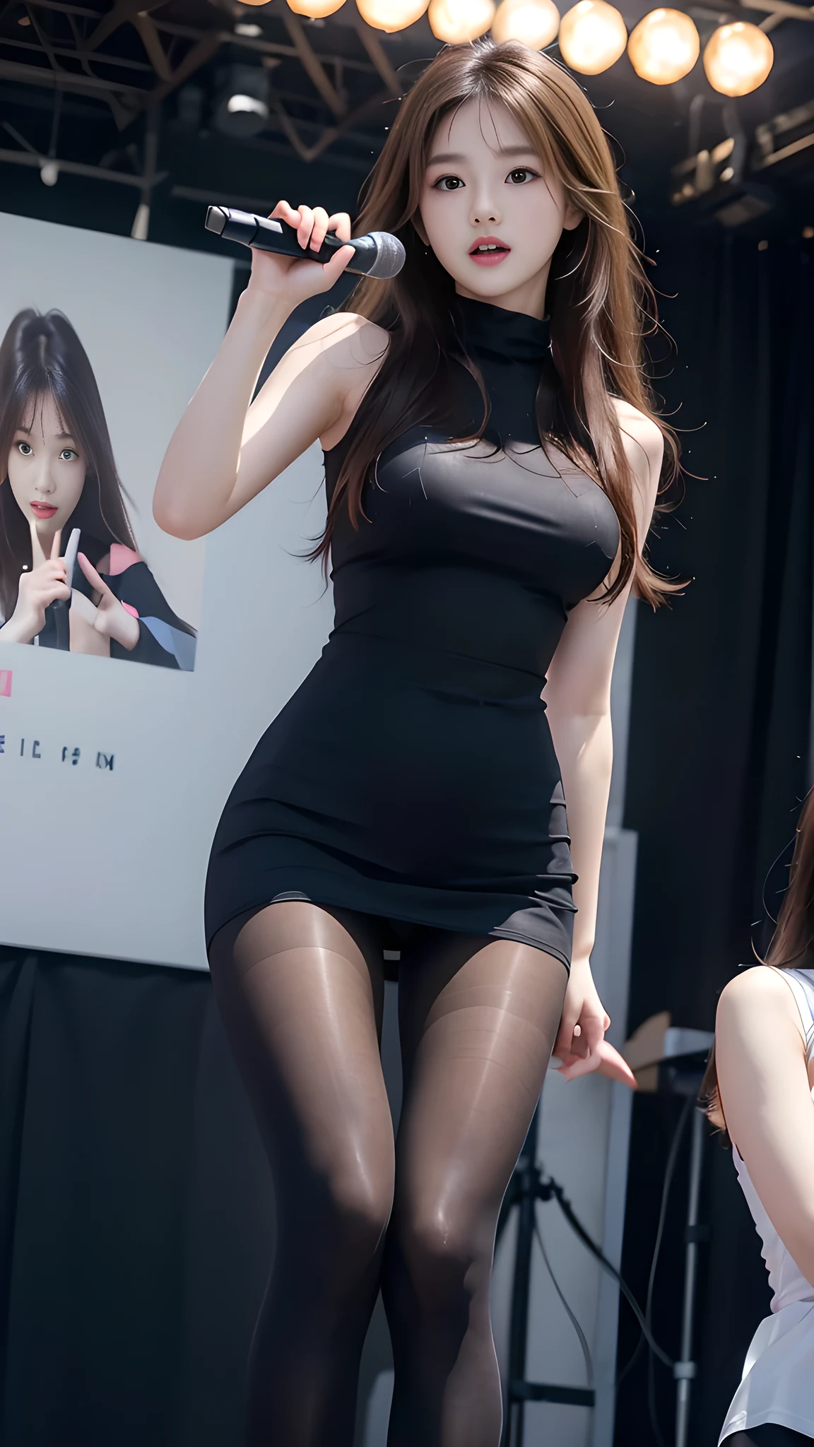 ulzzang-6500-v1.1, (RAW photo: 1.2), (Real photo), (Real photo: 1.4), 1 girl、Perfect anatomy、20 years old、Looking at the camera、Medium length hair、sexy dress, Holding a microphone performing, ((performing on stage: 1.1))、(Hyperrealistic tights: 1.2), (Business service)、Asian eyes Ella,