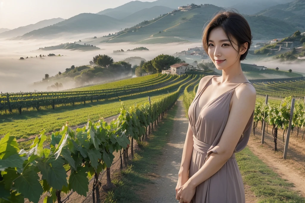 travel to italy, italian countryside dawn, foggy vineyard, Endless vineyards, 안개낀 standing on a path on a high hill. A cathedral can be seen far away in the fog.. The morning sun comes brightly. ((korean mature, 55 years old)), alone, Inspired by Yoo Ji-in. ((wrinkles appear on the face)), Elegant and modest appearance, short medium bob hair, Smile, women's windbreaker, casual pants, 1 woman, 1 woman, A cathedral can be seen far away in the fog.. Full body shot with Canon camera 16-35 wide angle lens, standing on a path on a high hill. 1 woman, 1 woman, vineyard in thick fog, 1 woman, look up, 1 woman