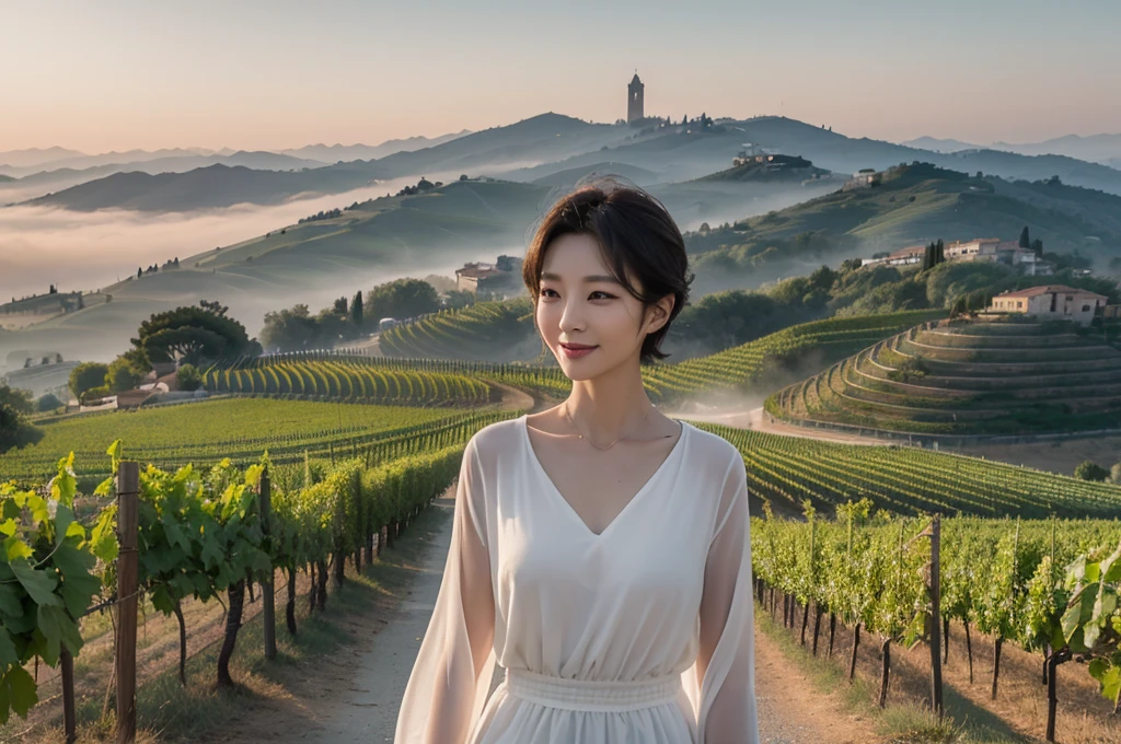 travel to italy, italian countryside dawn, foggy vineyard, Endless vineyards, 안개낀 standing on a path on a high hill. A cathedral can be seen far away in the fog.. The morning sun comes brightly. ((korean mature, 55 years old)), alone, Inspired by Yoo Ji-in. ((wrinkles appear on the face)), Elegant and modest appearance, short medium bob hair, Smile, women's windbreaker, casual pants, 1 woman, 1 woman, A cathedral can be seen far away in the fog.. Full body shot with Canon camera 16-35 wide angle lens, standing on a path on a high hill. 1 woman, 1 woman, vineyard in thick fog, 1 woman, look up, 1 woman