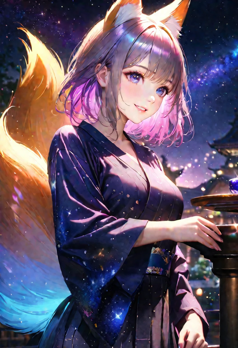 night, Starry Sky,Cute Yukata,Gazing at the sky,Fox ears and tail,high school girl,smile,Glitter effect,Highest quality, 8k, High resolution, masterpiece:1.2, Very detailed, Realistic:1.37, High resolution, 超High resolution, Ultra-fine painting, Very detailed, Professional, Vibrant colors