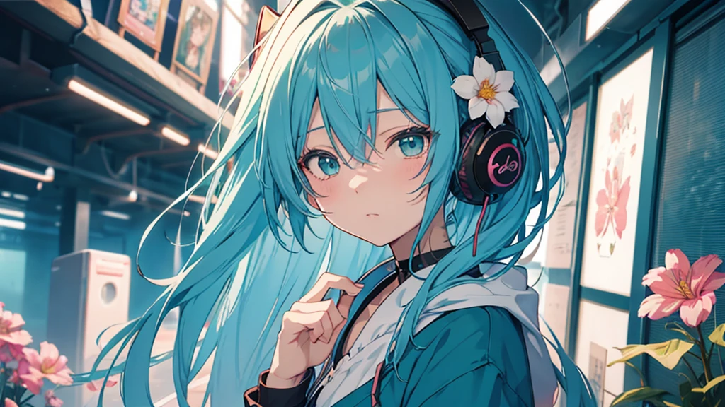 tsundere　Female Main　Background is blurred　Draw only the upper body　Woman with blue hair　Style artwork of a lonely Gweiz wearing headphones、beautiful anime、 alone　Gwythe、beautiful anime girl、beautiful anime girl、Anime girl with teal hair、anime style。8k、Bowater's Art Style、beautiful digital illustrations、beautiful character painting、Stunning Anime Face Portrait Mikudayo, official artwork, lofi girl, lofi artstyle,, halfbeak, anime atmosphere, Anime style mixed with Fujifilm, digital anime illustration, anime wallpaper 4k　Girl with headphones 　flower garden　girl surrounded by flowers