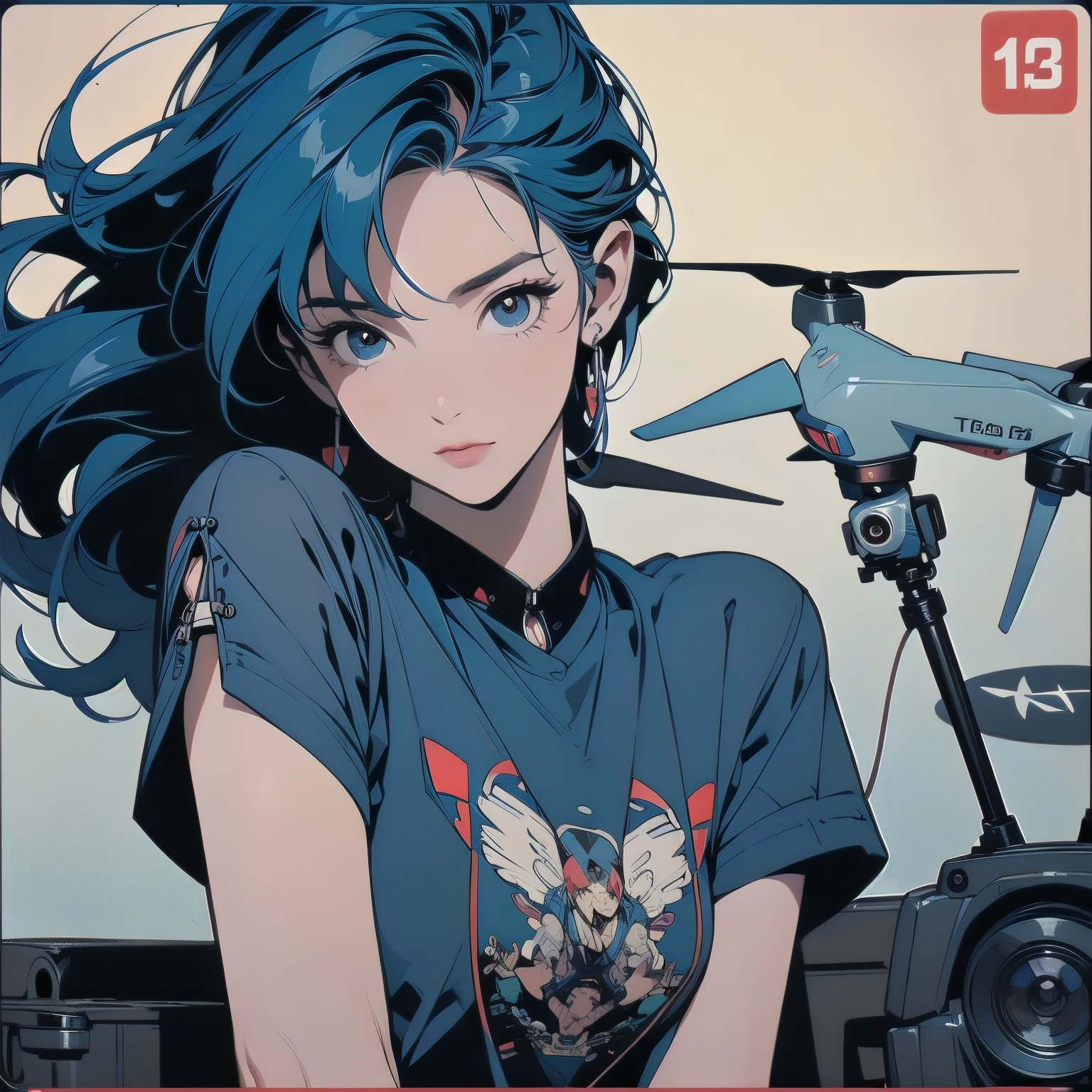 Trigun、A beautiful woman、Movie Posters、Upper Body、Model pose、mysterious、Small breasts、Blue Hair、Short sleeve、(((Detailed and complex drone)))、(((The perfect drone)))
