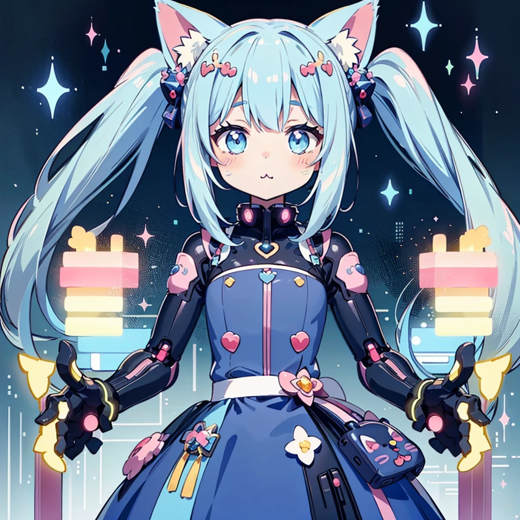 (Kawaii Character:1.4), Cyber Princess, She is immersed in cyber networks, (Special effects), masterpiece, Highest quality, Clear images, Clear images, Clear images, Unrealistic image, Highly detailed background,kawaii tech,Light blue pigtails and cat ears、