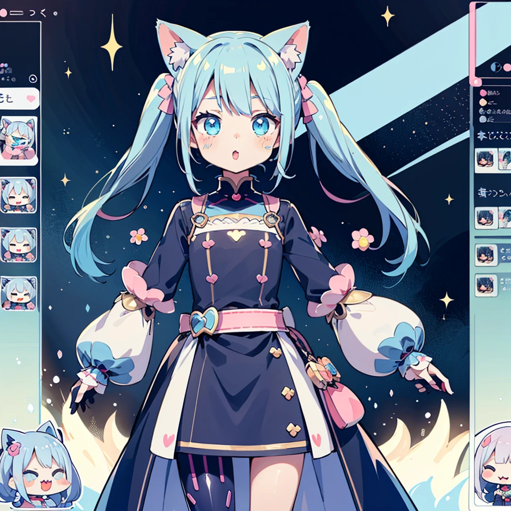 (Kawaii Character:1.4), Cyber Princess, She is immersed in cyber networks, (Special effects), masterpiece, Highest quality, Clear images, Clear images, Clear images, Unrealistic image, Highly detailed background,kawaii tech,Light blue pigtails and cat ears、