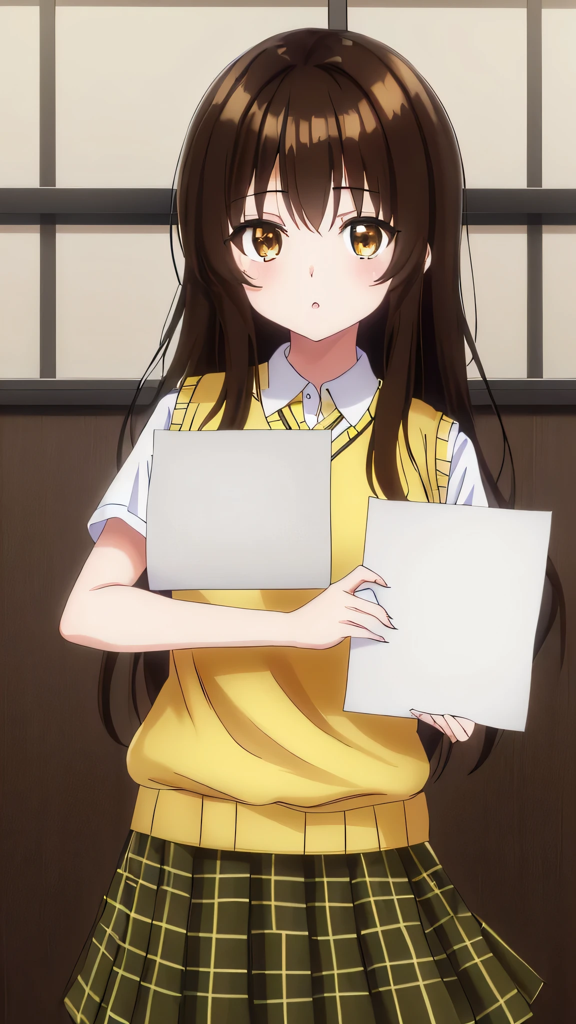 yui kotegawa, black hair, (brown eyes:1.5), long hair,, green skirt, plaid, plaid skirt, sainan high , , skirt, sweater vest, (yellow sweater:1.3), short sleeves, ((((holding a blank paper viewing it to the viewer))))