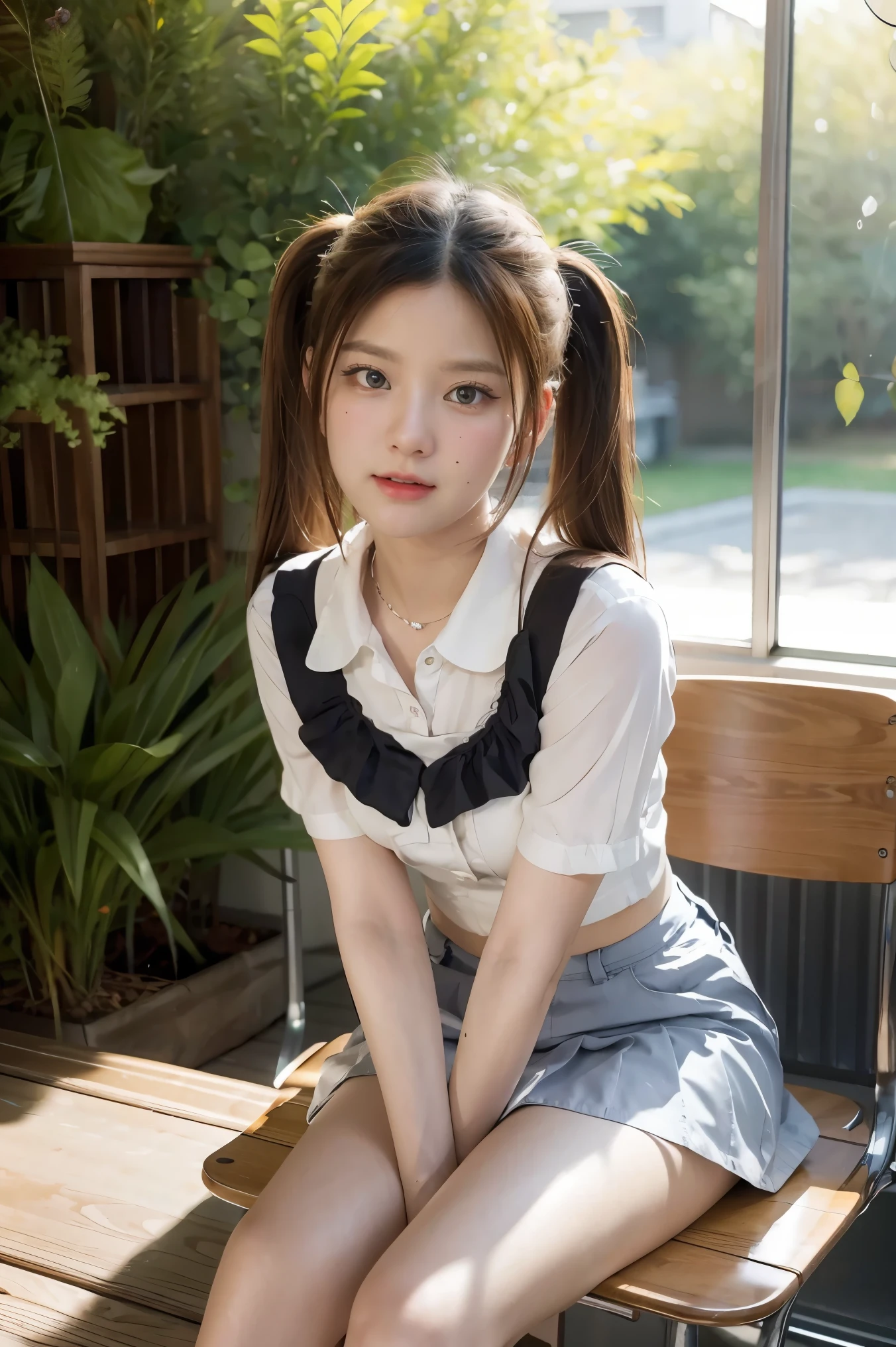 (extremely detailed CG unity 8k wallpaper,masterpiece, best quality, ultra-detailed),school classroom setting,sunlight filtering through trees,beautiful blonde high school girl with twintails and ahoge(D-cup),smartphone in hand,fidgeting with it,beautiful black-haired high school girl,thin and flat-chested, wearing sailor uniform,sitting on chair and having conversation with blonde girl who is sitting on desk,in the evening.