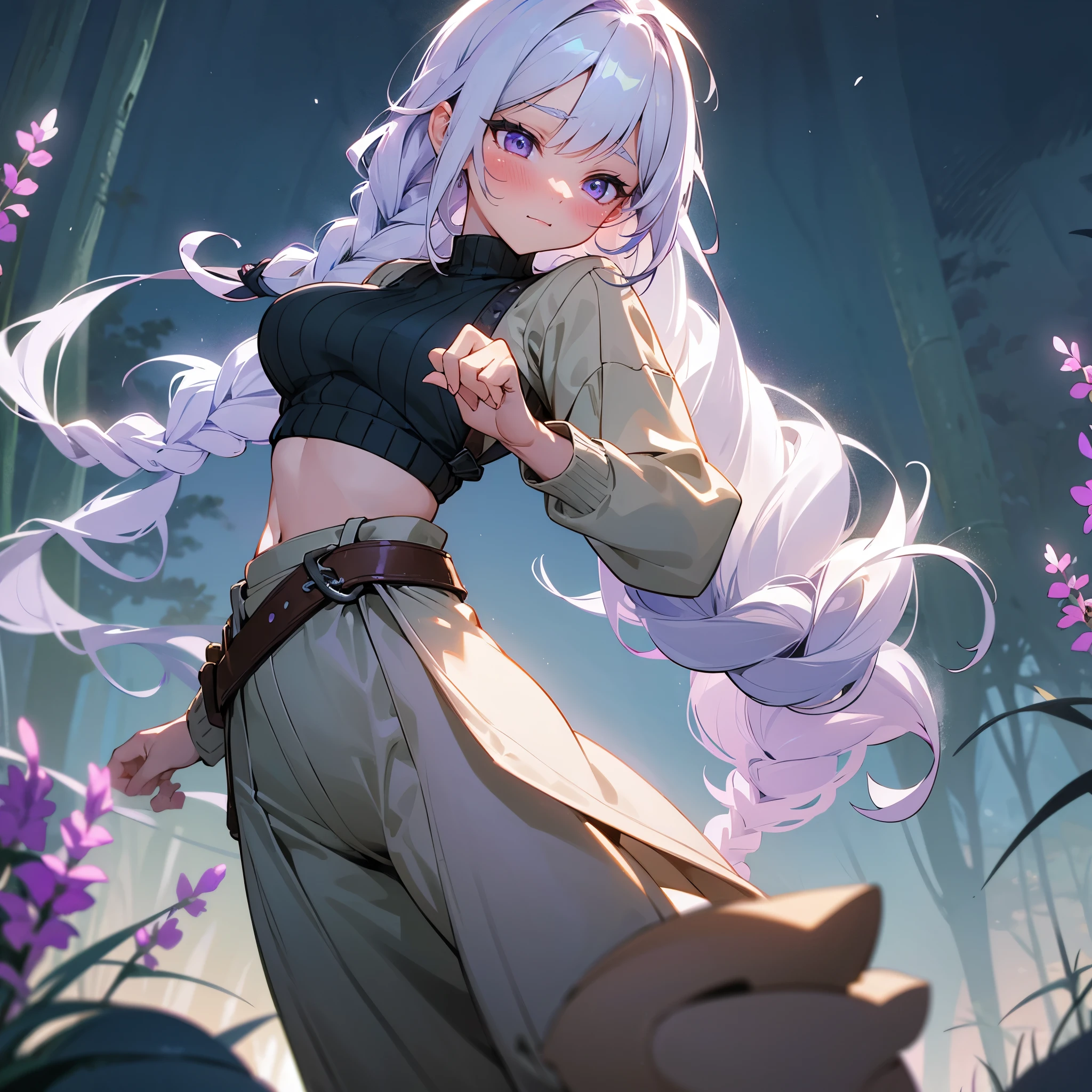 1female, sexy, young teen, finely detailed lavender eyes, wild long hair, braided hair, seashell white color hair, adventurer gear, crop top sweater, baggy combat pants, night time, dark forest, excited expression, flowers, blushing, standing on path, lanturns