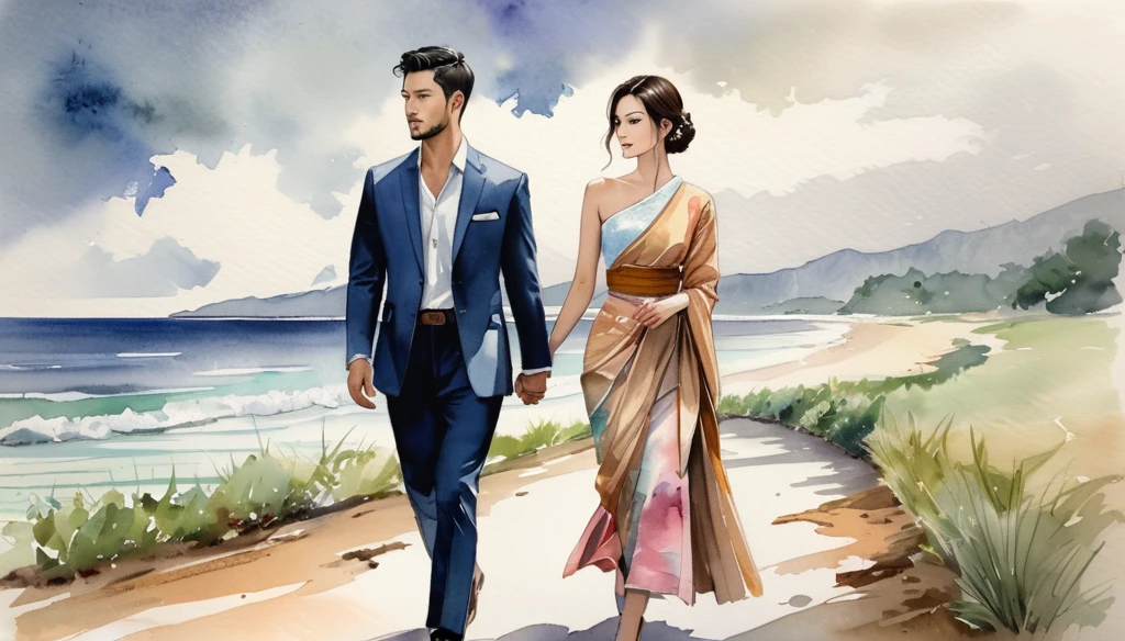 A close-up of a 24 years man and Her beautiful wife Full body Image walking together  beautiful sea side at a scenic overlook, staring into the distance, with a melancholic expression. The sky is overcast, reflecting the mood of the lyrics. ((imperfect water color background)), sketching, realistic drawing, imperfect water color painting, fashion look book, fashion illustrator, sketch design,  the image boasts high-quality, Lanna, North Thai traditional costume.