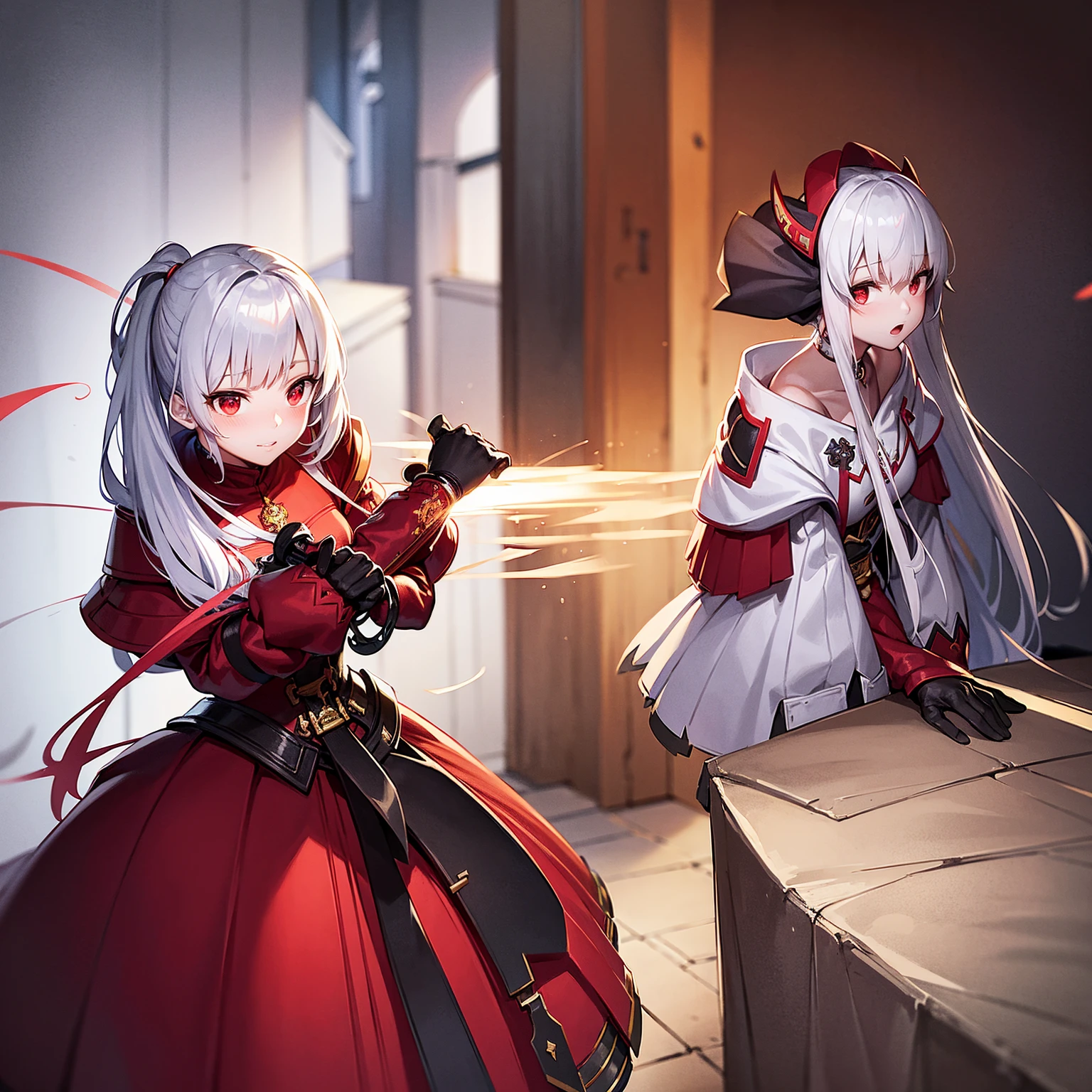 Wearing a red and white dress、anime girl holding sword, Highly detailed official artwork, Epic Light Novel Cover Art, epic Light novel cover art, Silver and red armor, guweiz on pixiv artstation, Anime style 4k, Detailed key animation art, Light novel cover art, Anime Fantasy Artwork，White hair and red eyes，Side Ponytail，Waist-length hair，one person，Portraiture，Reading