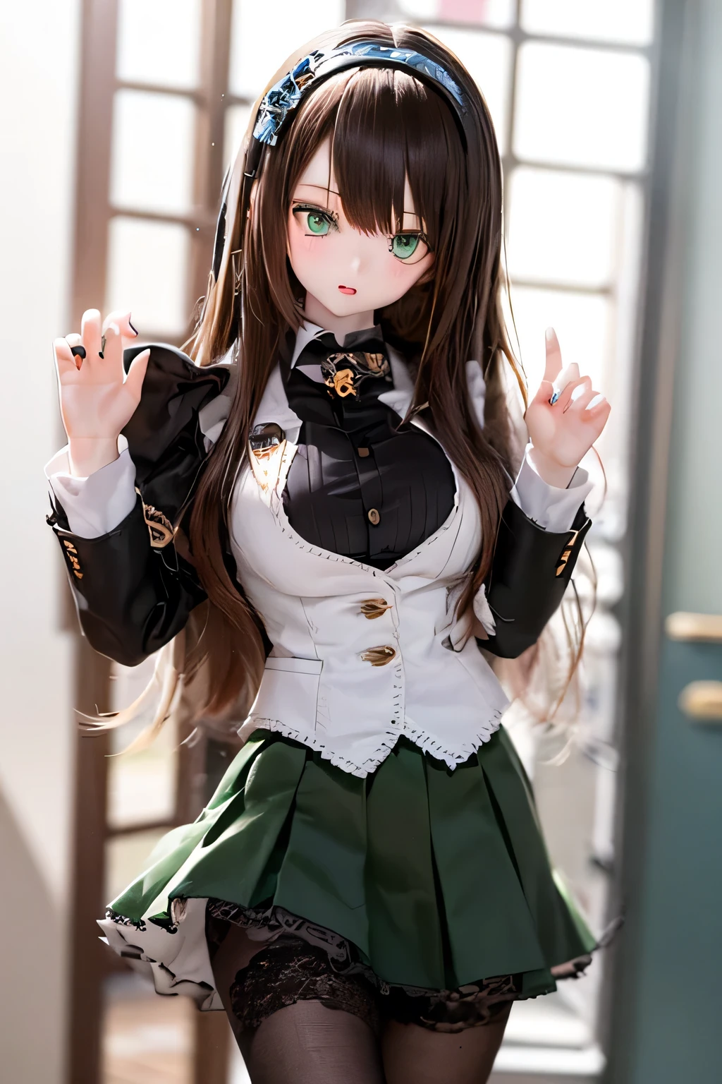 (SFW:2), photorealistic, realistic photo, 8k, ((highest quality)), ((masterpiece)), (extremely detailed), kukolnydom, doll, (mature woman, 21yo, 21 years old, looking at viewer, solo:1.6), ((cowboy shot, standing, slim, slender, skinny, medium breasts, hairband, ascot, vest, blouse, long puff sleeves, pleated skirt, black pantyhose)), (green eyes, brown hair, long hair, plastic skin, glass eyes, gradient eyes, shining eyes, detailed eyes:1.3)