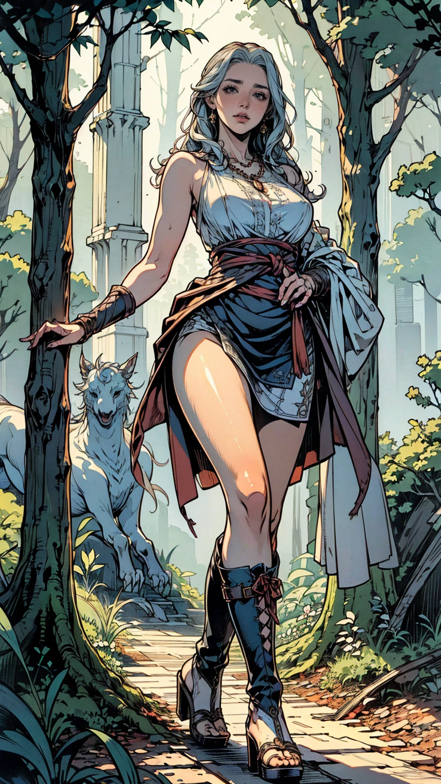 nsfw, (ultra-detailed, photorealistic, best quality, 4k, 8k, highres, masterpiece:1.3), Princess Daena Targaryen, age 30, a sophisticated and self-assured individual, Known for her timeless beauty and regal style, She has the classic Targaryen features of silver-gold hair and violet eyes, She has a refined sense of fashion, always appearing elegant and majestic, Her outfit includes a Top: A simple, sleeveless tunic made of coarse linen or wool, often slightly tattered or worn, revealing more skin than typical attire of the time, Bottom: A plain, ankle-length skirt made from rough fabric, with a modest slit to allow for easier movement, Shoes: Basic leather sandals or worn-out boots, practical and functional rather than decorative, Accessories: Modest wooden or bone jewelry, such as simple bracelets or necklaces, adding a touch of personal flair despite their simplicity, Additional: A rough, woolen shawl or cloak that she can wrap around herself for warmth, often adding a layer of mystery and modesty to her appearance, (((intricate detail, super finely detailed hands, ultra finely detailed fingers, ten fingers, walking confidently, full body showcase, show full body))), in a fantasy background featuring a grand medieval castle with towering spires, surrounded by lush, enchanted forests, and a distant, mystical dragon flying in the sky.