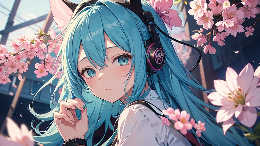 tsundere　Female Main　Background is blurred　Draw only the upper body　Woman with blue hair　Style artwork of a lonely Gweiz wearing headphones、beautiful anime、 alone　Gwythe、beautiful anime girl、beautiful anime girl、Anime girl with teal hair、anime style。8k、Bowater's Art Style、beautiful digital illustrations、beautiful character painting、Stunning Anime Face Portrait Mikudayo, official artwork, lofi girl, lofi artstyle,, halfbeak, anime atmosphere, Anime style mixed with Fujifilm, digital anime illustration, anime wallpaper 4k　Girl with headphones 　flower garden　girl surrounded by flowers