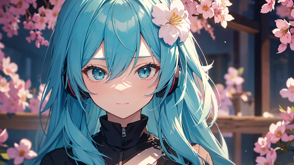 tsundere Female Main Background is blurred Draw only the upper body Woman with blue hair Style artwork of a lonely Gweiz wearing headphones、beautiful anime、 alone Gwythe、beautiful anime girl、beautiful anime girl、Anime girl with teal hair、anime style。8k、Bowater's Art Style、beautiful digital illustrations、beautiful character painting、Stunning Anime Face Portrait Mikudayo, official artwork, lofi girl, lofi artstyle,, halfbeak, anime atmosphere, Anime style mixed with Fujifilm, digital anime illustration, anime wallpaper 4k Girl with headphones flower garden girl surrounded by flowers