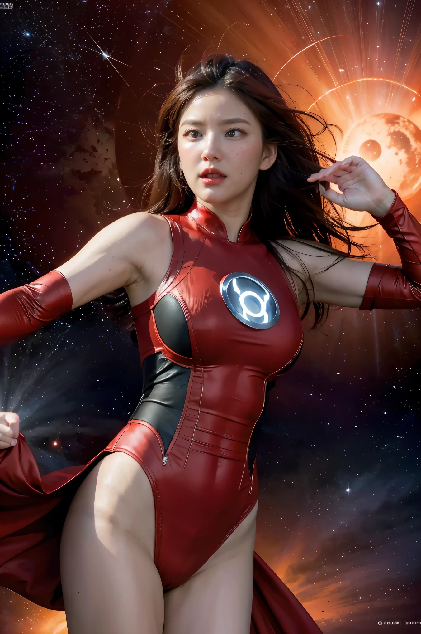 (best quality, 4k, highres, photorealistic), (concept art: 1.2), (bright colors: 1.1), (glowing effect: 1.1), (intense red: 1.2), (dynamic pose: 1.1), (powerful aura: 1.2), (fierce expression: 1.1), (sparkling eyes: 1.1), (flowing hair: 1.1), (ethereal beauty: 1.3), (background: cosmic scenery), (cosmic energy: 1.2), (vibrant stars: 1.1), (energy beams: 1.1), (futuristic technology: 1.2) An angry beautiful woman with lined lips, wearing a red  that tightly hugs her muscular and toned skin. Her outfit covers her navel and is adorned with intricate makeup designs. She is the iconic Red Lantern, a superhero from the DC Comics universe with extraordinary powers. This version of Red Lantern is a muscular and powerful female character, wearing an all-red uniform that accentuates her figure. Her  is fitted to her form, emphasizing her curves. The viewer's attention is drawn to her medium-sized , which are beautifully detailed and add to her realism and overall aesthetic. As she looks directly at the viewer, her captivating gaze is enhanced by the realism of her eyes, which sparkle with intensity. Her expression is fierce and determined, displaying her unwavering dedication to protecting the innocent. The artwork is of the highest quality, with a resolution of 4K, showcasing every ultra-detailed aspect of the beautiful woman. The photorealistic style brings her to life, making her appear as if she could step off the canvas and into reality. The artist has captured the essence of red Lantern's power and aura, with a vibrant and dynamic pose. Her body emanates a powerful and glowing green energy, forming a captivating cosmic scenery background. The starry night sky is filled with vibrant and vivid colors, giving the artwork an otherworldly feel. The cosmic energy radiating from red Lantern is depicted through energy beams and futuristic technology surrounding her. The intensity of her power is further emphasized by the bright and glo
