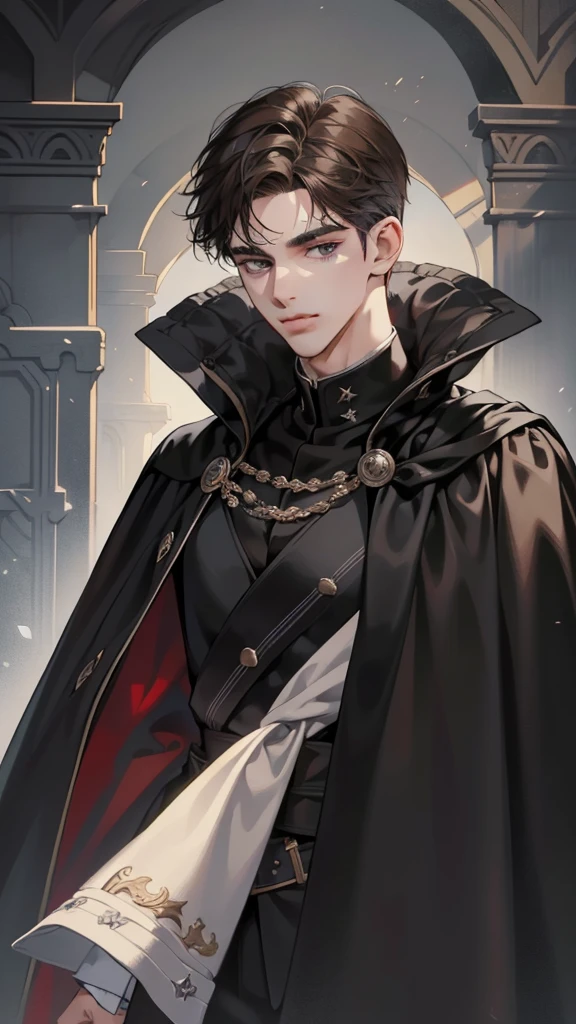 masterpiece, best quality, Practical, 1 person, Mature male, A quiet and charming young man, 25 years old, Fake laugh, Shut up, portrait, Extremely detailed face, sneer, ((Dark grey eyes)), ((Short dark brown hair)), [Thick eyebrows], Dark Palace, ((Long black and cape)), (The Wizard), ((full black)), (Dark grey eyes), Look at the audience.