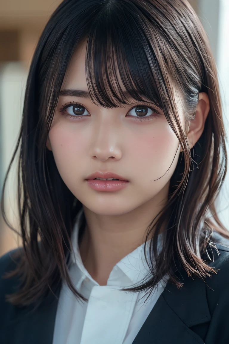 ((Upper Body:1.3)).Blown by the long wind [Blue-black:.3] hair,Looking at the audience, (Tabletop:1.3), (8k, Realistic, RAW Photos, Highest quality: 1.4), Japanese, (1 girl), Beautiful Face, (Realistic face),{Wavy medium hair|Front hair long bob|short hair with long bangs}{Black hair|Brown hair|Blonde hair}, Beautiful hairstyle, Realistic eyes, Beautiful and beautiful eyes, (Realistic skin), Beautiful Skin, charm, Ultra-high resolution, Surreal, Very detailed, Golden Ratio,shame(blush:1.3)
