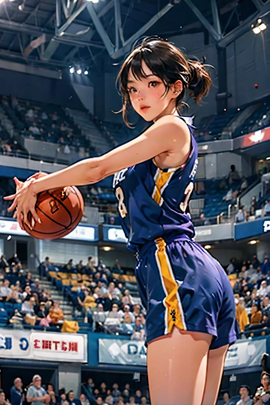 ((Female Basketball Player))、Young and beautiful girl、美しい顔のdetailedな描写、alone、(scence of slam dunk)、(dunk shot)、(Jumping Chute)、Goal Post、close、Motion Blur、Dynamic Angle、stadium lighting、Blur the background、8Kdetailed、(detailed、masterpiece、Highest quality)、