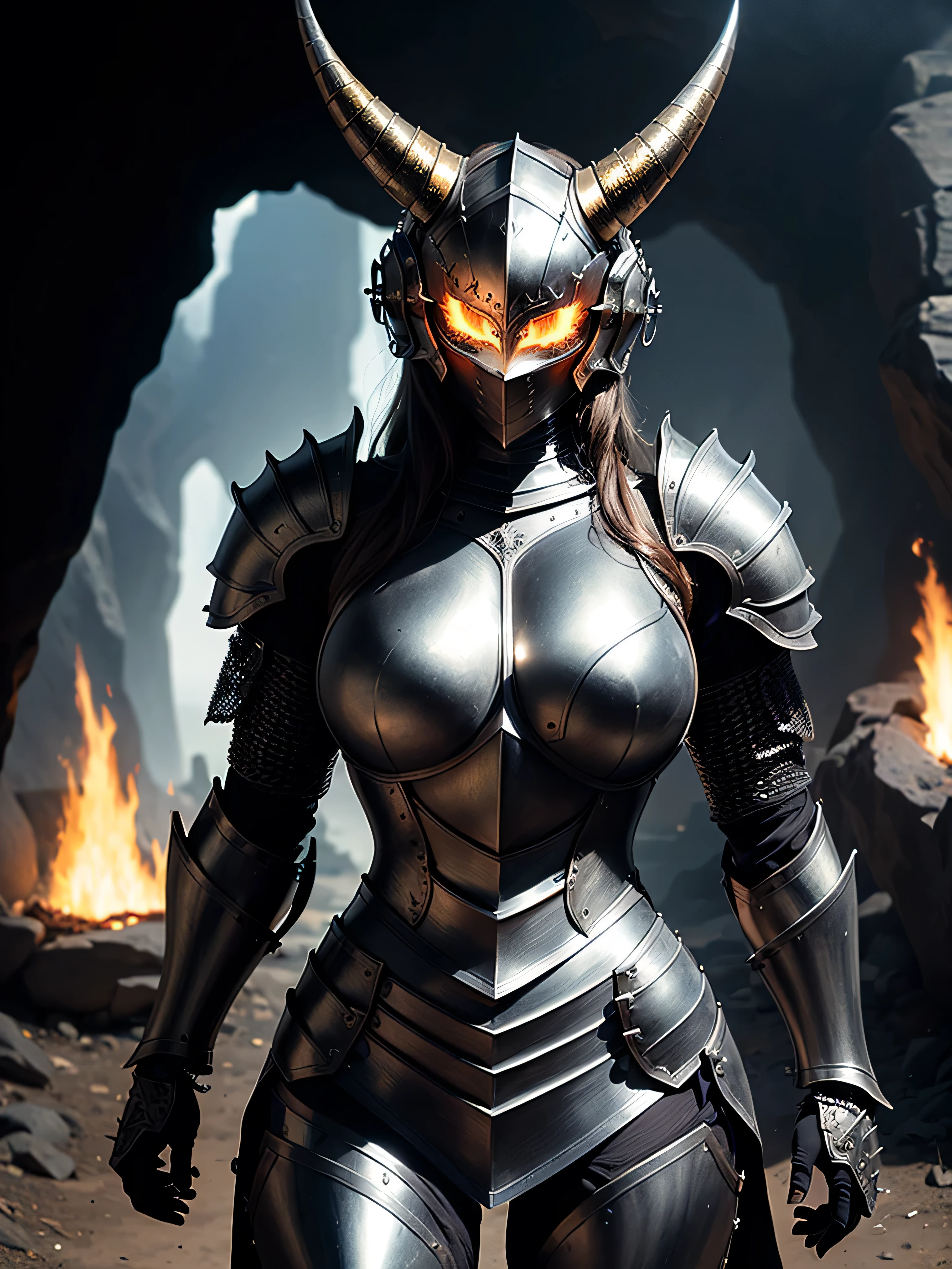 (masterpiece, photorealistic:1.4, extremely intricate:1.3), (photon mapping, radiosity, physically based rendering, ultra resolution, hyper-realistic, photorealistic:1.4, hyper-realistic, 8K, dtx), ((female minotaur, [bodybuilder:supermodel:0.7], ([large breasts:medium breasts:0.2], (black chrome renaissance armor:1.4), upper torso))), (background inside of a cave, dim, fire, shadow, (gigantic horns, head down, charging))
