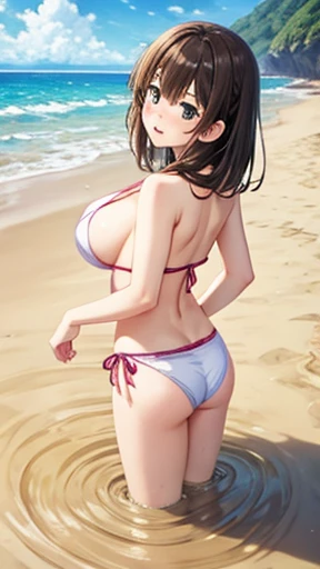 (masterpiece, Highest quality, Absurd, Game CG, shape), One Girl, alone, mayu kuroe, Beautiful attention to detail, Are standing, Beach, naked、 Looking back at the audience, upset, Tears welled up in her eyes, (Partially submerged, Quicksand),Big Breasts