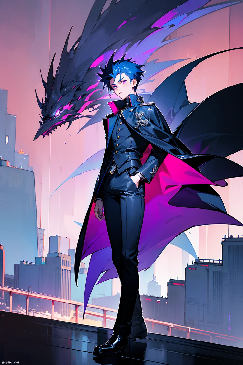 Masterpiece, 8k, a young man with spiky midnight blue hair and striking silver eyes. He wears a maroon trench coat with intricate phoenix embroidery, black jeans, and combat boots. The backdrop is a futuristic cityscape with holographic advertisements and a neon glow. Standing on path