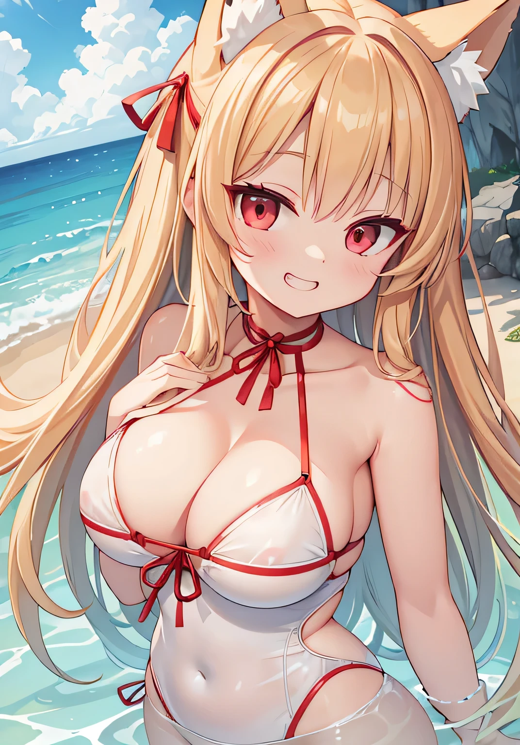 8k、Highest quality、high resolution、Big Breasts、Cleavage、White swimsuit、Red string、choker、Fox ears、Long blonde、Red Eye、Ocean、Grinning、Prone、Front view