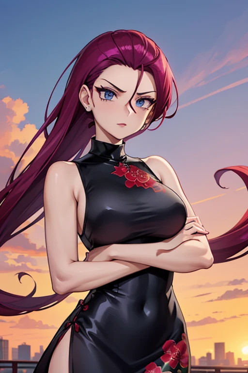 skinny_jessie_from_pokemon, (silky_cheongsam_dress | black_silk_fabric | ultra_glossy_fabric | sleeveless | turtleneck | neckholder halter | red_floral_pattern_on_dress), (long red_purple hair | hair slicked back | bangs), green eyes, town_in_background, motivated pose, city_in_background, evil, female, high resolution, 8k, cowboy shot