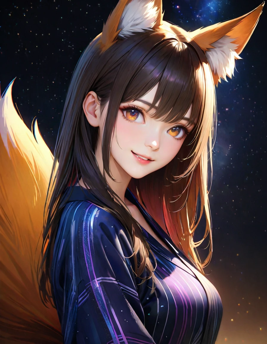 night, Starry Sky,Cute Yukata,Gazing at the sky,Fox ears and tail,high school girl,smile,Highest quality, 8k, High resolution, masterpiece:1.2, Very detailed, Realistic:1.37, High resolution, 超High resolution, Very detailed, Professional, Vibrant colors