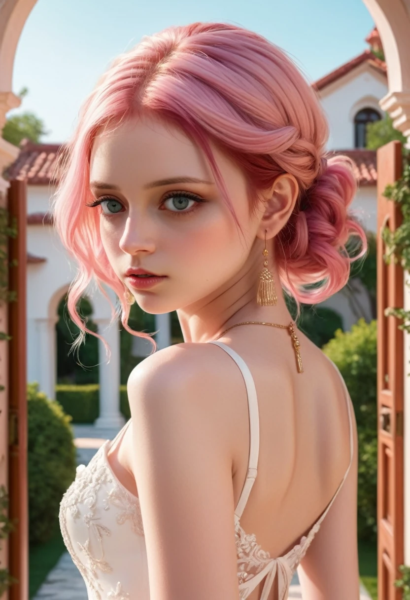 masterpiece, best quality, Very detailed, illustration, Beautiful and delicate eyes, close up, 1 girl, Pink Hair, White Dress, Villa entrance, Standing, Face down