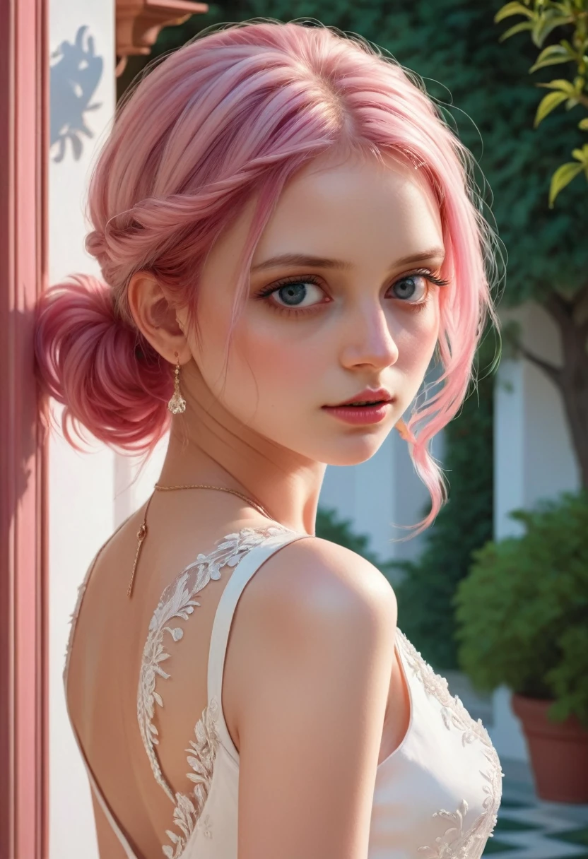 masterpiece, best quality, Very detailed, illustration, Beautiful and delicate eyes, close up, 1 girl, Pink Hair, White Dress, Villa entrance, Standing, Face down