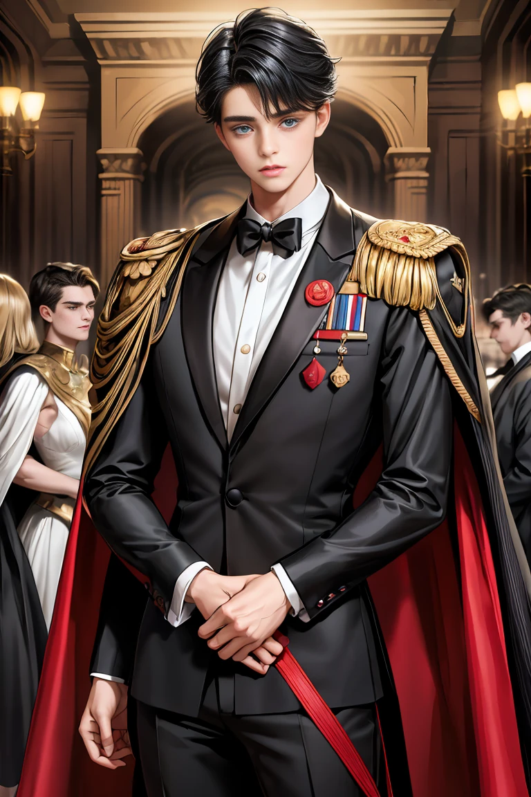 masterpiece, 最high quality, high quality, 1 boy, alone, Male focus, Watching the audience, Messy black hair, Adorable big blue eyes, White, Noble, Noble,A sexy, voluminous, puffy cape、tuxedo、A very voluminous, large, very large, very large, long, long red and black cape with a high stand-up collar, made of a lot of fabric that reaches down to the floor., 17 years old,Cute beautiful boys,Cute, cute, kind, handsome guy