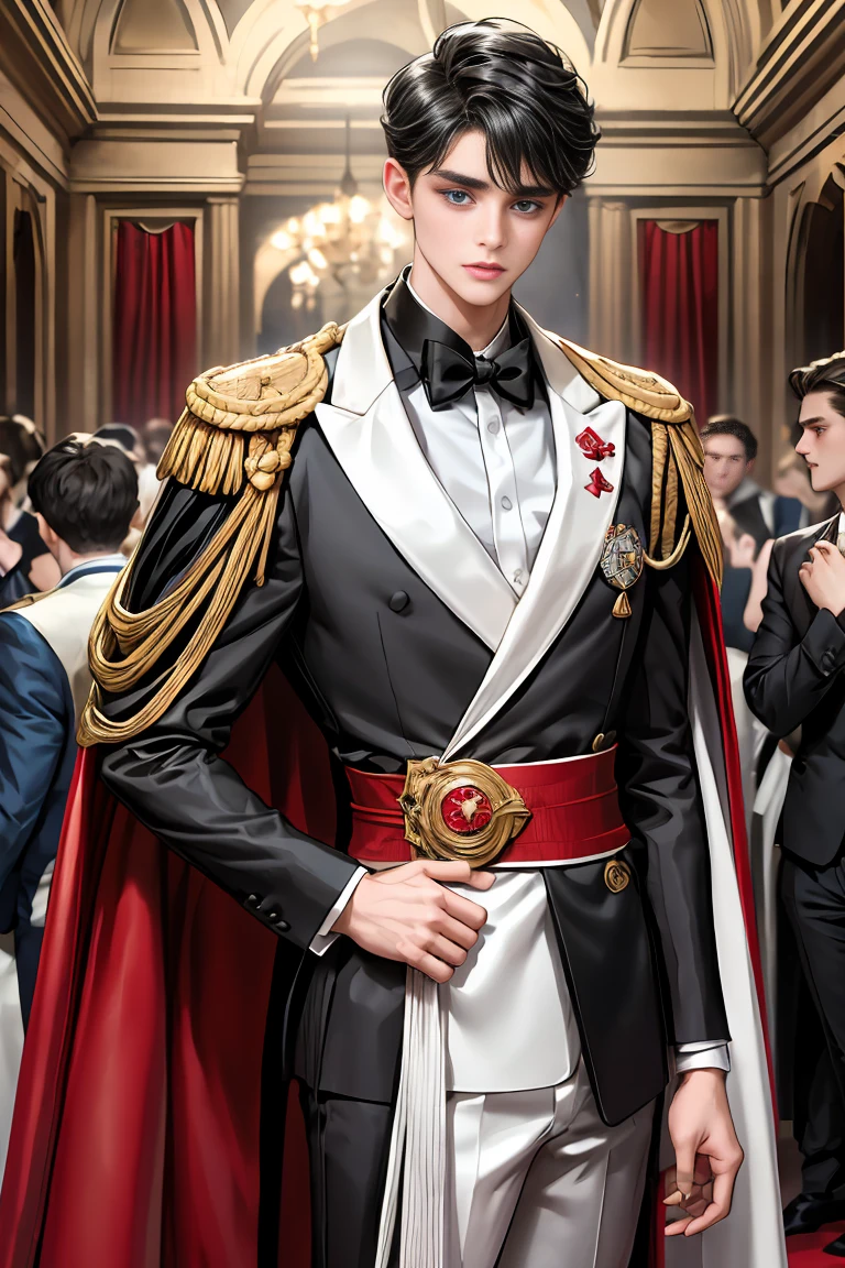 masterpiece, 最high quality, high quality, 1 boy, alone, Male focus, Watching the audience, Messy black hair, Adorable big blue eyes, White, Noble, Noble,A sexy, voluminous, puffy cape、tuxedo、A very voluminous, large, very large, very large, long, long red and black cape with a high stand-up collar, made of a lot of fabric that reaches down to the floor., 17 years old,Cute beautiful boys,Cute, cute, kind, handsome guy