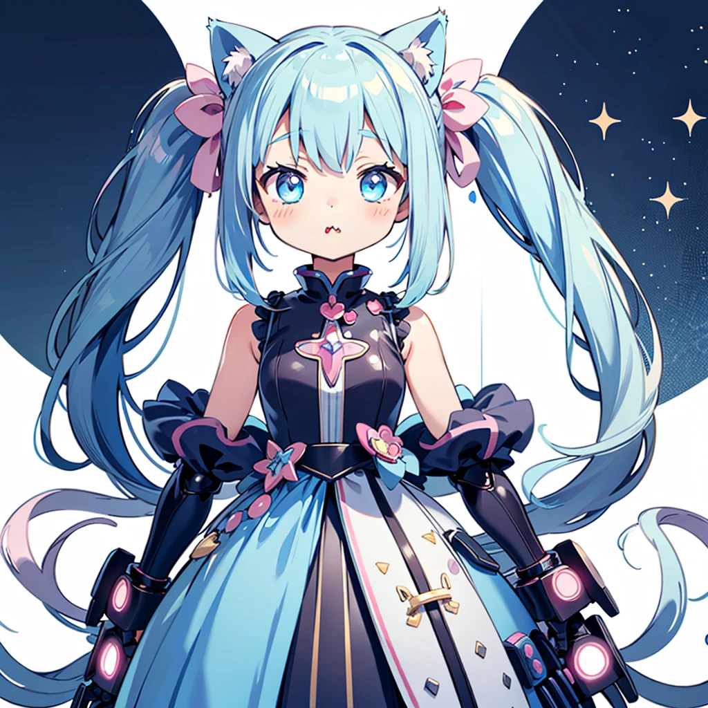 (Kawaii Character:1.4), Cyber Princess, She is immersed in cyber networks, (Special effects), masterpiece, Highest quality, Clear images, Clear images, Clear images, Unrealistic image, Highly detailed background,kawaii tech,Light blue pigtails and cat ears、Simple Background、White background:1.8、Symmetrical、central、Still image、