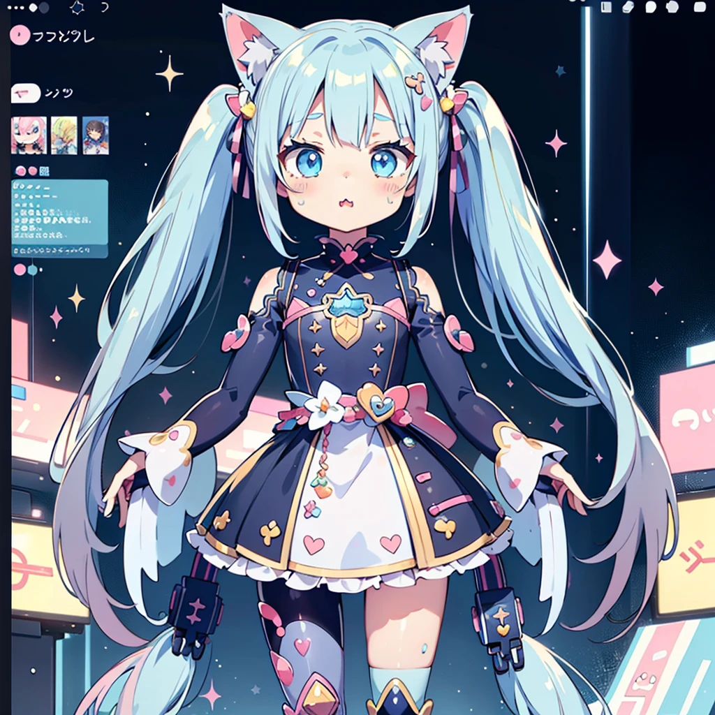 (Kawaii Character:1.4), Cyber Princess, She is immersed in cyber networks, (Special effects), masterpiece, Highest quality, Clear images, Clear images, Clear images, Unrealistic image, Highly detailed background,kawaii tech,Light blue pigtails and cat ears、Simple Background、White background:1.8、Symmetrical、central、Still image、