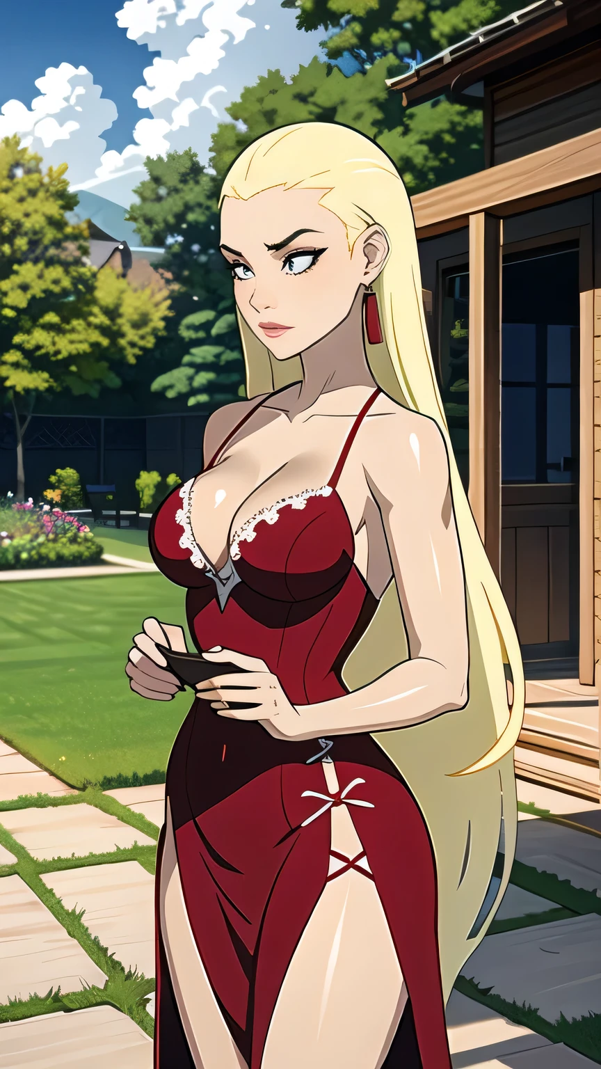 (cowboy shot), (masterpiece, best_quality, detailed, immaculate:1.3), epic, illustration,Anime Style
BREAK
ArtemisYJ,super long hair,Blonde Hair,
extremely detailed clothing fabric(Red dress) ,medium ,cleavangs ,
BREAK
(courtyard, garden, outdoors, gorgeous view)