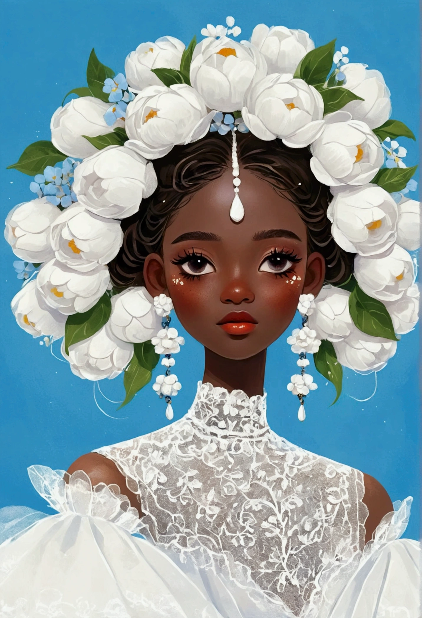 illustration：1 Girl，Dark Skin，Flower Earrings，Flower headdress，White exaggerated dress，Exaggerated sleeves，Fluffy white yarn，Blue Background
