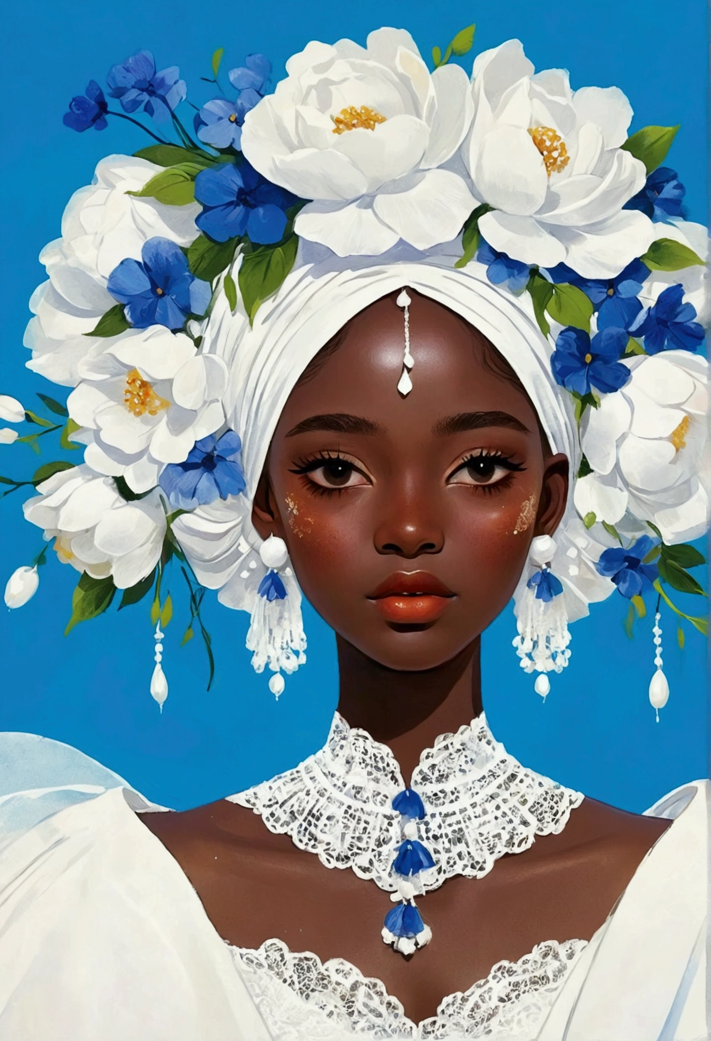 illustration：1 Girl，Dark Skin，Flower Earrings，Flower headdress，White exaggerated dress，Exaggerated sleeves，Fluffy white yarn，Blue Background
