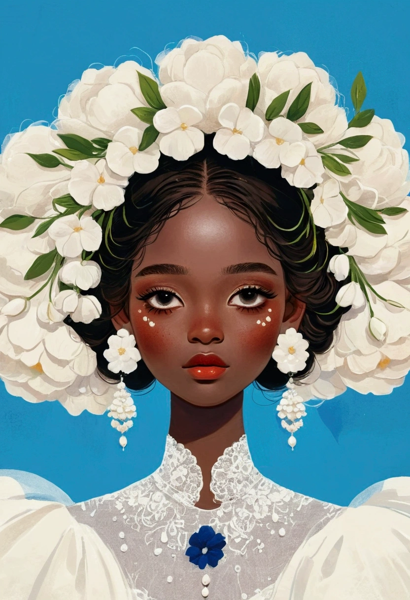 illustration：1 Girl，Dark Skin，Flower Earrings，Flower headdress，White exaggerated dress，Exaggerated sleeves，Fluffy white yarn，Blue Background
