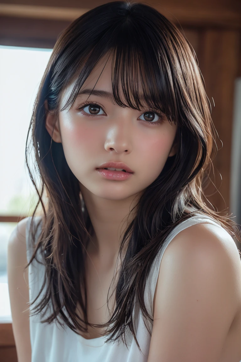 ((Upper Body:1.3)).Blown by the long wind [Blue-black:.3] hair,Looking at the audience, (Tabletop:1.3), (8k, Realistic, RAW Photos, Highest quality: 1.4), Japanese, (1 girl), Beautiful Face, (Realistic face),{Wavy medium hair|Front hair long bob|short hair with long bangs}{Black hair|Brown hair|Blonde hair}, Beautiful hairstyle, Realistic eyes, Beautiful and beautiful eyes, (Realistic skin), Beautiful Skin, charm, Ultra-high resolution, Surreal, Very detailed, Golden Ratio,shame(blush:1.3)