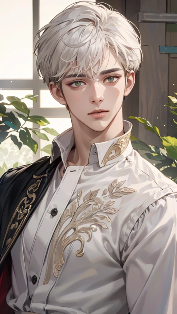 (Very handsome :1.2), 8K,(masterpiece:1.0),(the best_quality:1.0), 1 boy, and intricate details, Enlarged texture, and intricate details, Delicate eyes and delicate face, and intricate details, White hair, Dark Brown Short Hair, (Shut up), Hazel Green Eyes, Tired eyes, Equal eyes, Carolina Eyes (Human Male) Wearing modern clothes