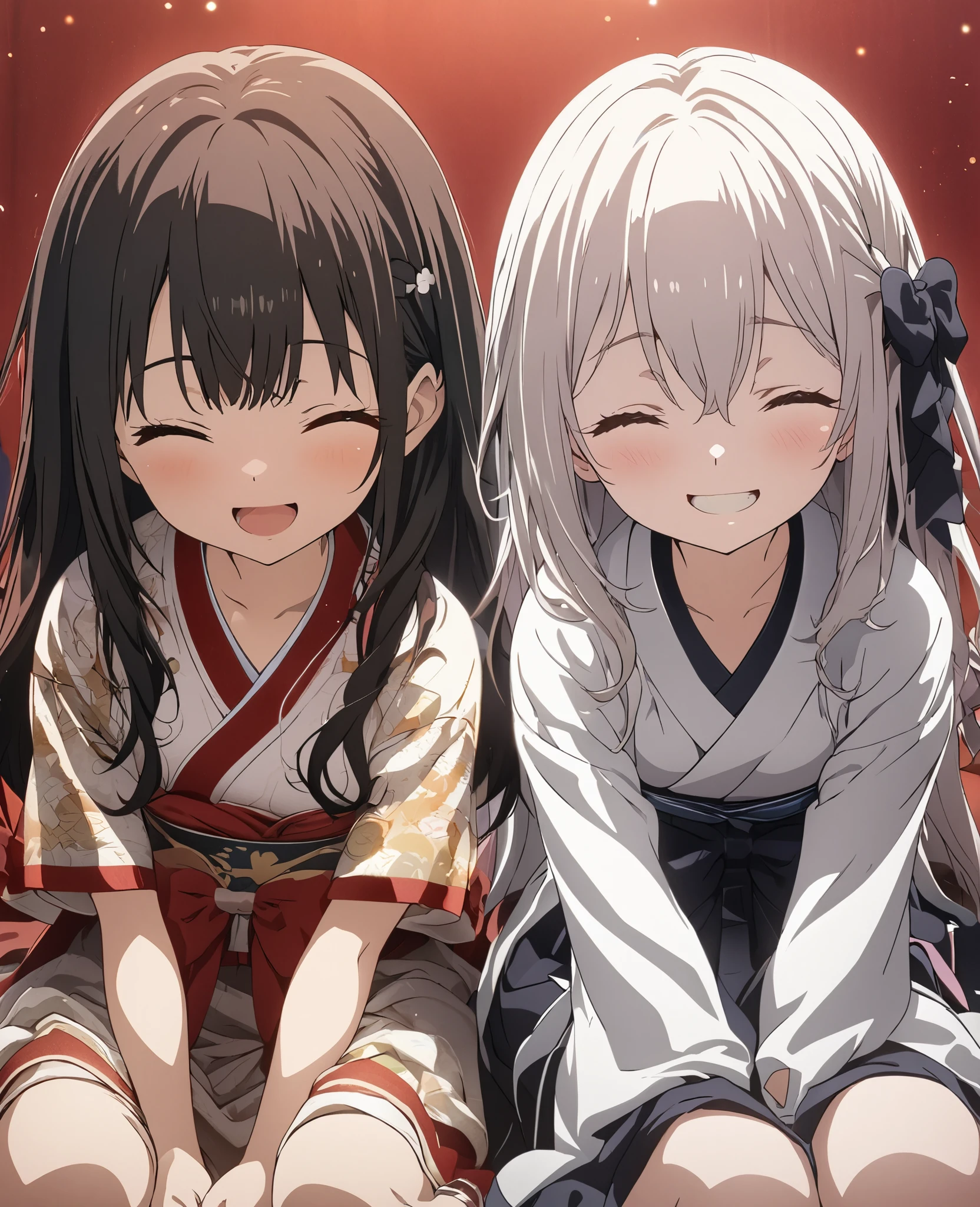2 Girls, masterpiece, Highest quality, Highly detailed CG Unity 8K wallpapers, High School Girl Anime Illustration. Wearing a red and white kimono, Sit up straight, lean your upper body forward, and bow, They both bow in gratitude., seiza, Red background, Close your eyes and open your mouth, A big smile, Watching the audience,