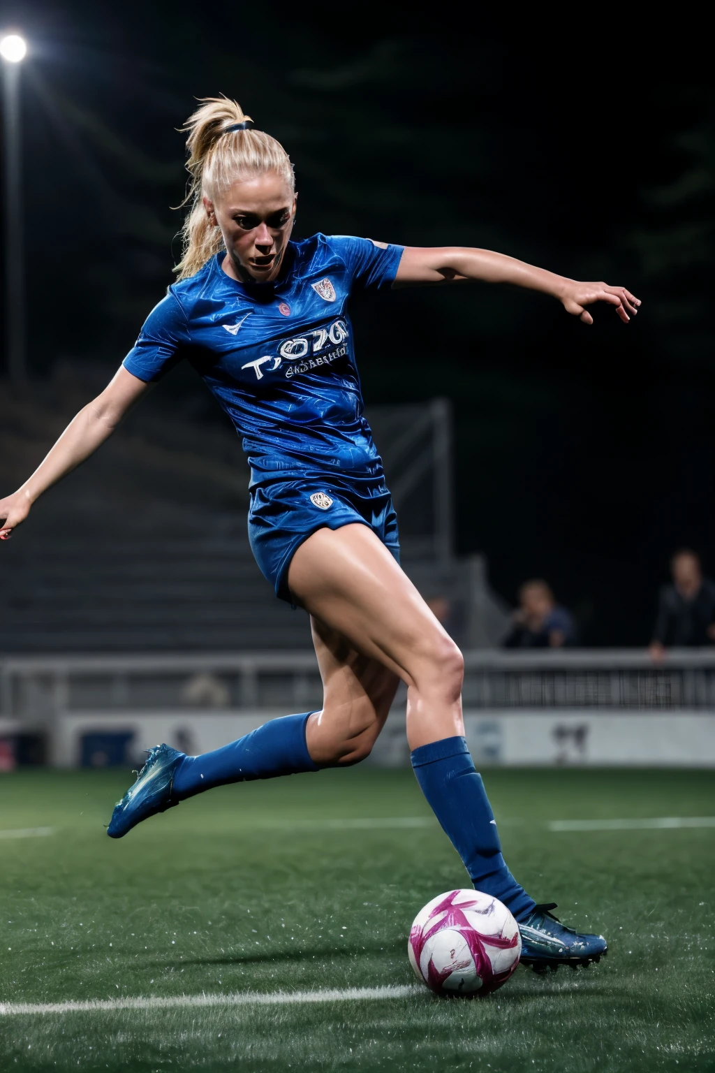 A Cute female soccer player is kicking ball inside soccer_field, full body, Flowing blonde hair, blue eyes, wearing soccer_uniform, intense expression, ((motion trail, MotionTrail, Dynamic Motion Blur)), Cinema Lighting, Vibrant colors, (Highest quality, 4K, 8K, High resolution, masterpiece:1.2), Super detailed, (Realistic, photoRealistic, photo-Realistic:1.35), Very detailed face and eyes, Very detailed, hyper Realistic, Professional photography, Cinema Lighting, Dynamic action scenes, Wonderful landscape, Sports Photography