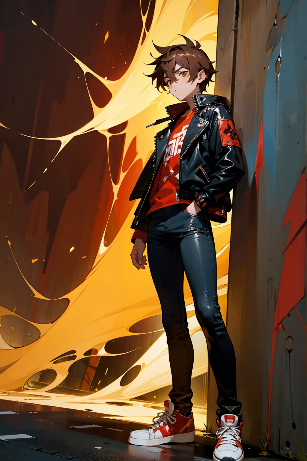 Masterpiece, 8k, a age boy with messy chestnut brown hair and amber eyes, wearing a black leather jacket with red flame patterns, dark jeans, and red sneakers. He stands in a bustling urban street with graffiti-covered walls and streetlights casting a warm glow. Standing on path